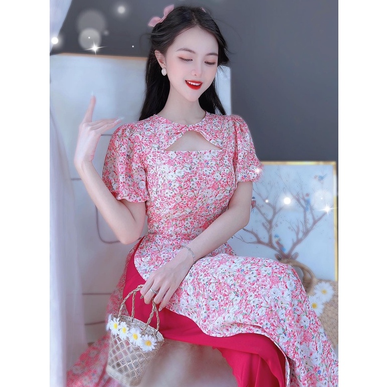 Áo dài cách tân chấm bi nữ may sẵn tay ngắn CHUU AD8053 chưa kèm quần