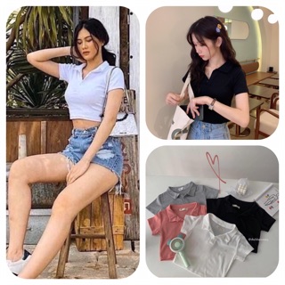 Áo croptop cổ bẻ tay ngắn 🌸 an02