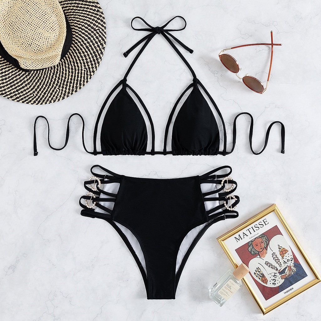[BKN1427] &lt;ÂU&gt; SET BIKINI ĐEN MIX KHUY ĐÁ CUTOUT HÔNG (CẠP CAO)