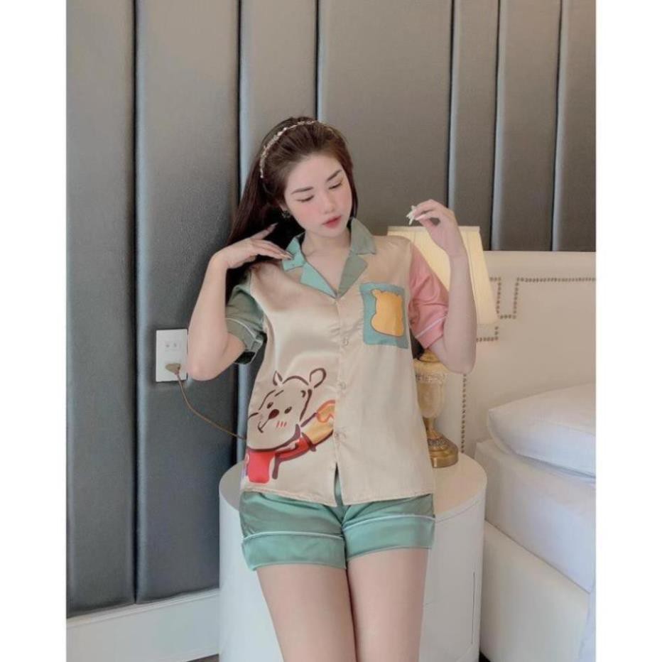 [Siêu Xinh] Đồ Bộ Pijama, Bộ Lụa  Cộc Đùi, Gấu pooh vạt áo