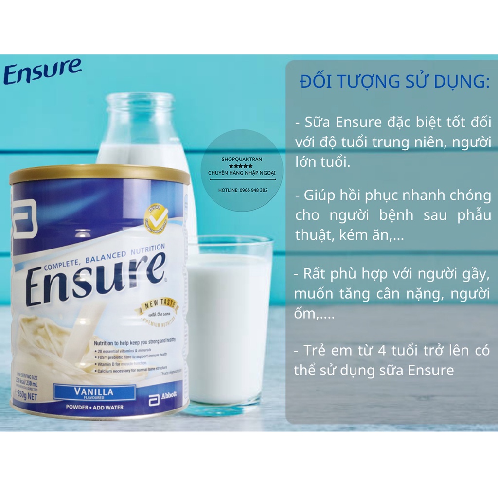 [Mã GROSALE55 giảm 8% đơn 500K] Sữa Ensure Úc Hộp 850g (Date Mới 2023) Hương Vanilla Chính Hãng Giá Tốt