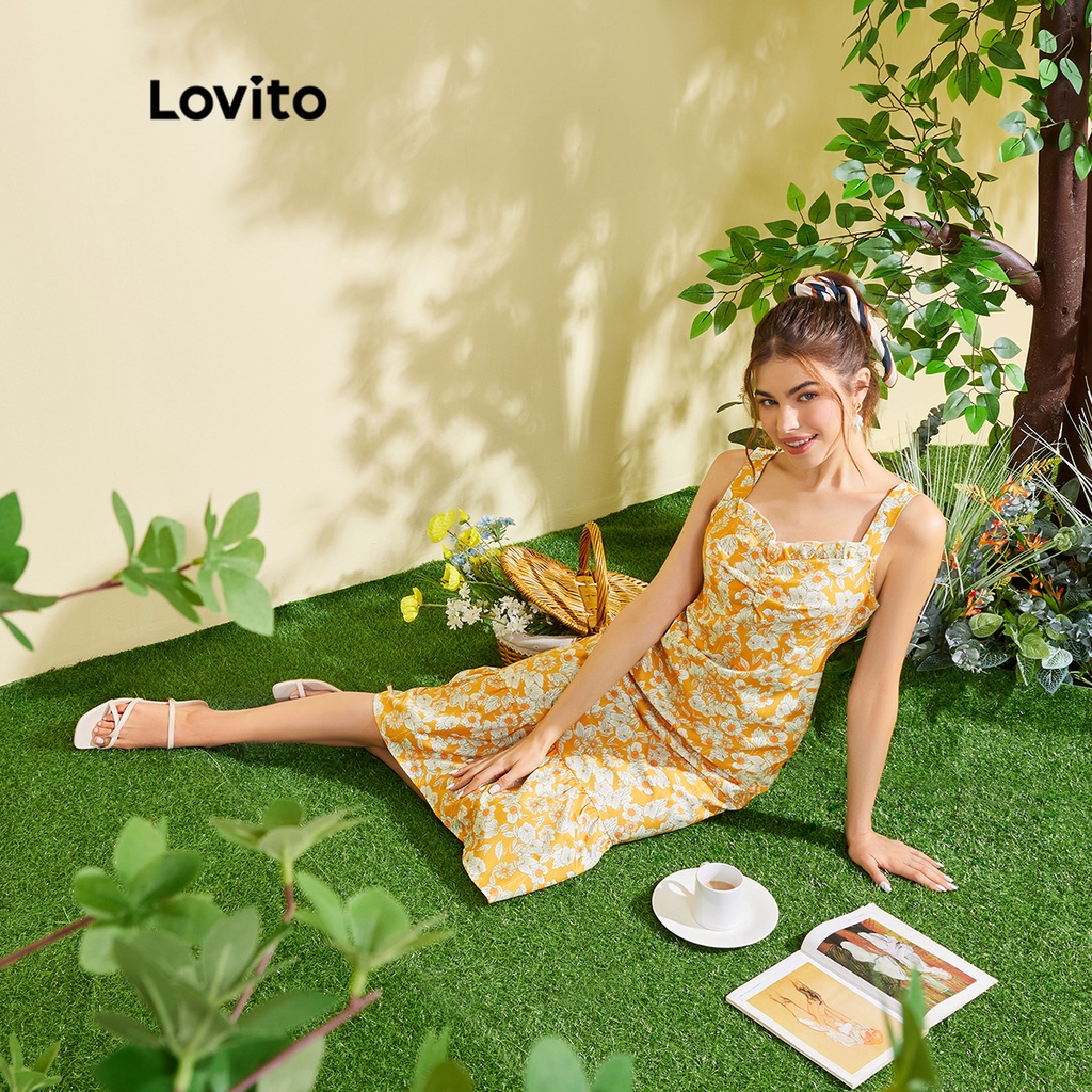 Lovito FREE NATURE Đầm Sát Nách Hoạ Tiết Cây Cối Phong Cách Bohomian L28EE039 (Vàng)