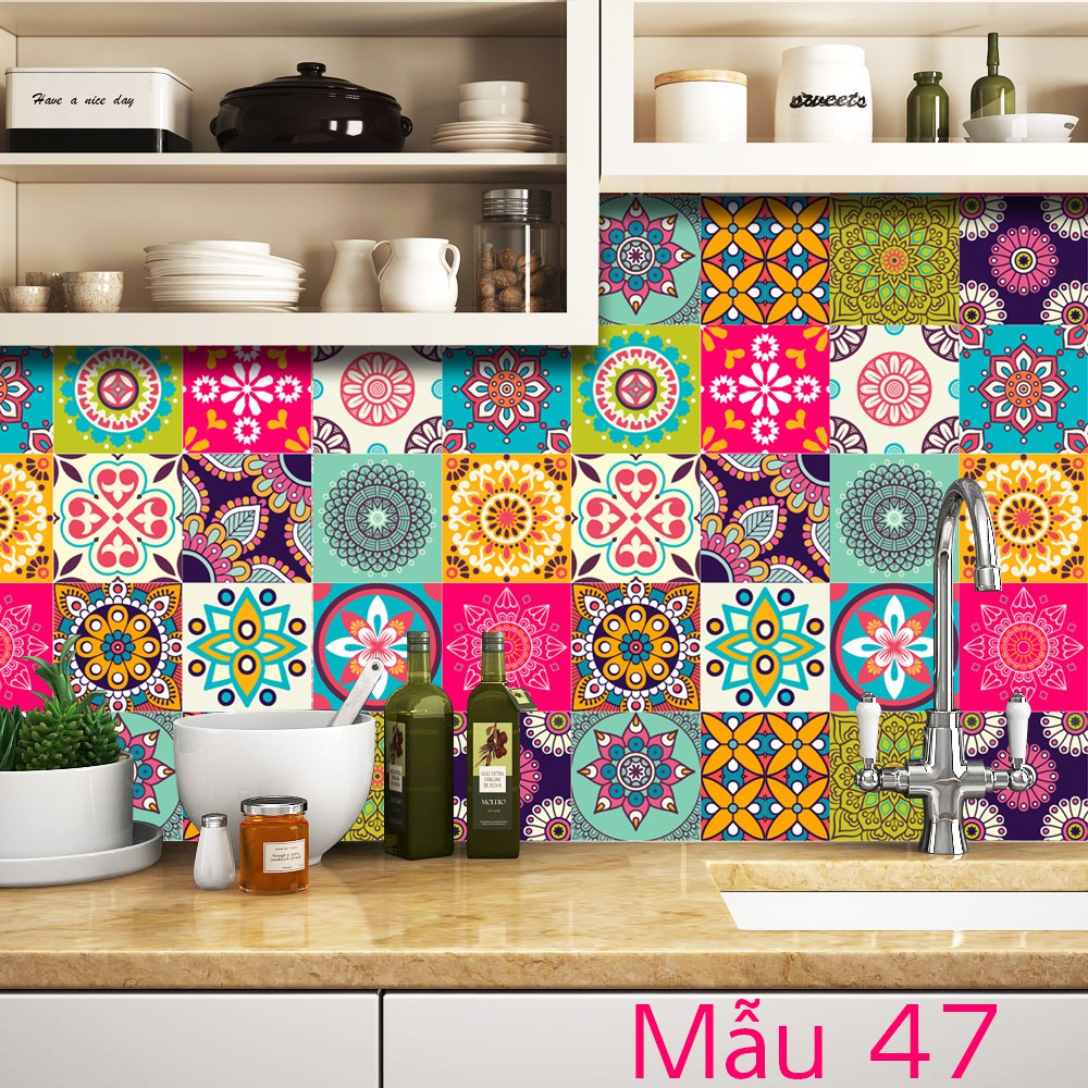Set 128 ô 15cm hoặc 72 ô 20cm decal gạch bông nhiều màu dán tường dán tủ dán bếp
