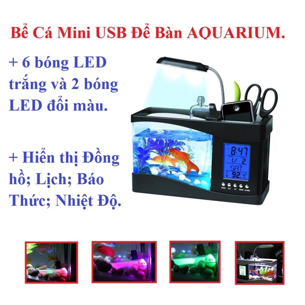 Bể cá mini usb để bàn AQUARIUM Có Sử Dụng Màn Hình LCD: hiển thị đồng hồ; Lịch; Báo Thức; Nhiệt Độ.