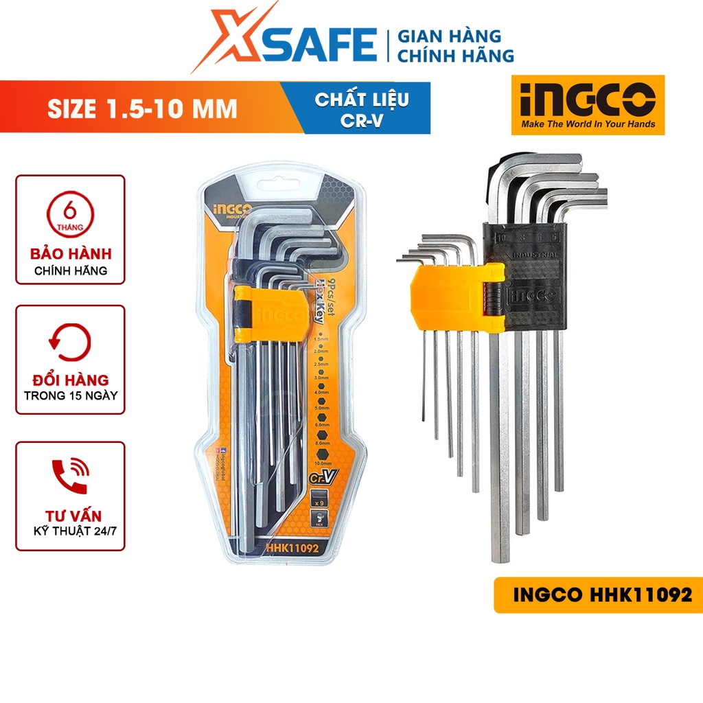 Bộ 9 chìa lục giác đầu bằng INGCO HHK11092 thép CR-V, size 1.5-10mm, chịu nhiệt mạ thép chrome - chính hãng