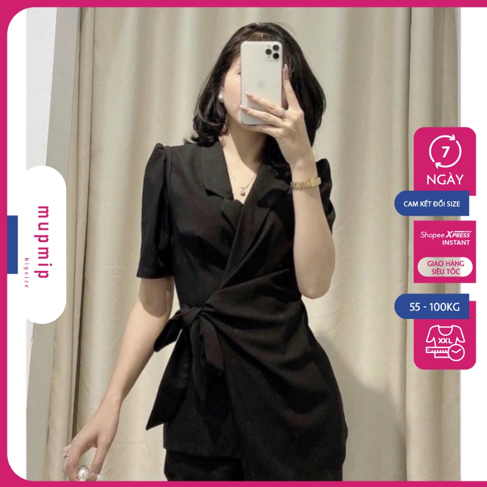 Set Đồ Bigsize Nữ Kiểu Dáng Áo Vest Tay Ngắn Thắt Nơ 1 Bên Vạc Lệch Mix Quần Tây Dài, Chất Cotton Lạnh Mupmip Set447
