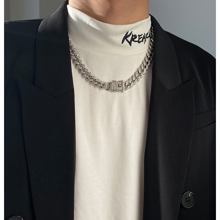 Vòng tay nam nữ thời trang + dây chuyền lắc tay unisex màu bạc Titan không gỉ - Cuban đá