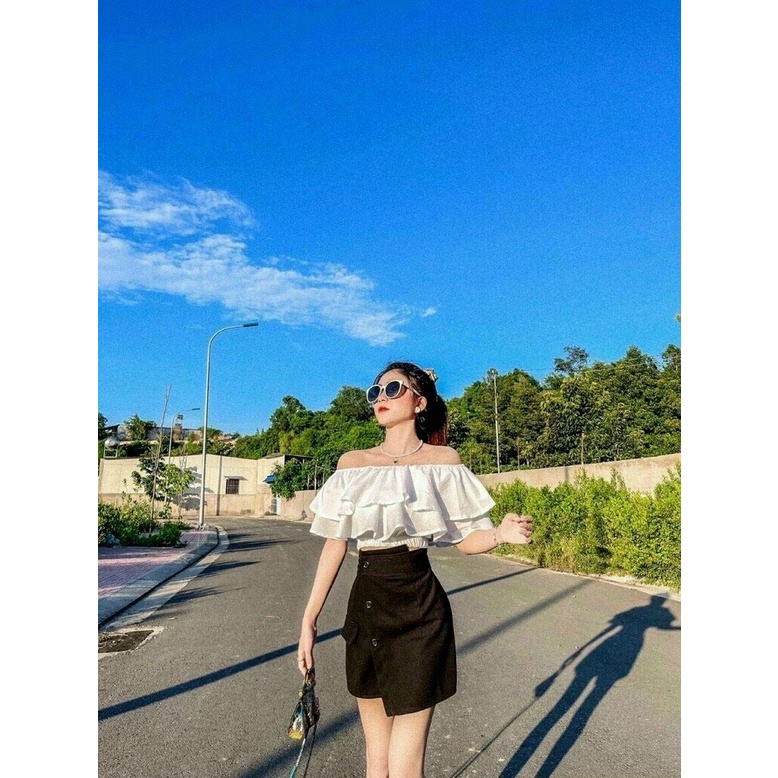 Sét bộ váy áo hở vai bánh bèo dáng croptop bo chun phối với quần giả váy siêu xinh 2 màu trắng và vàng cam
