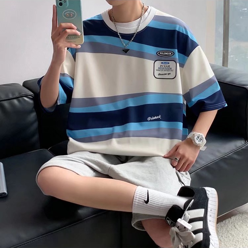 Áo Thun Ngắn Tay Họa Tiết Sọc Màu Sắc Tương Phản Thời Trang Cho Nam