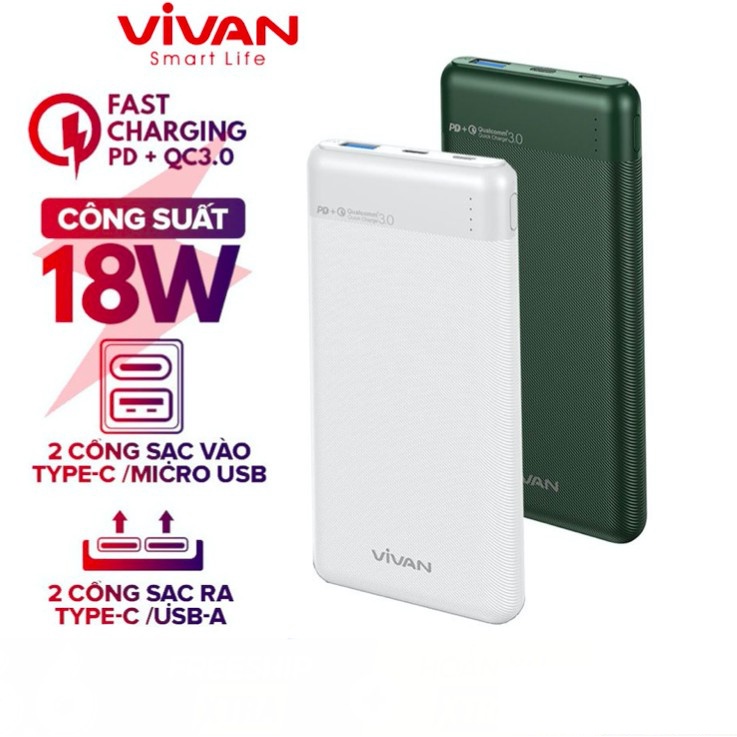 Sạc Dự Phòng VIVAN M10 10000mAh Sạc Nhanh 2 chiều 18W Quick Chare 3.0 (In / Out Type-C) 2 Input 2 Output Kèm Cáp Type-C