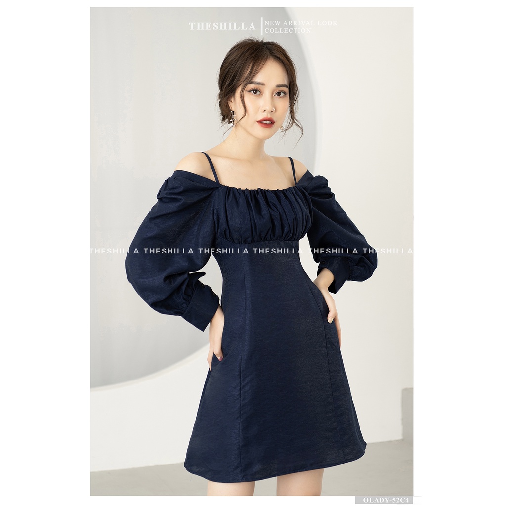 Váy thiết kế cao cấp màu xanh đen ngực nhún dây vai mặc 2 kiểu  [ Có video + Ảnh thật ] The Shilla - Olady-52C4