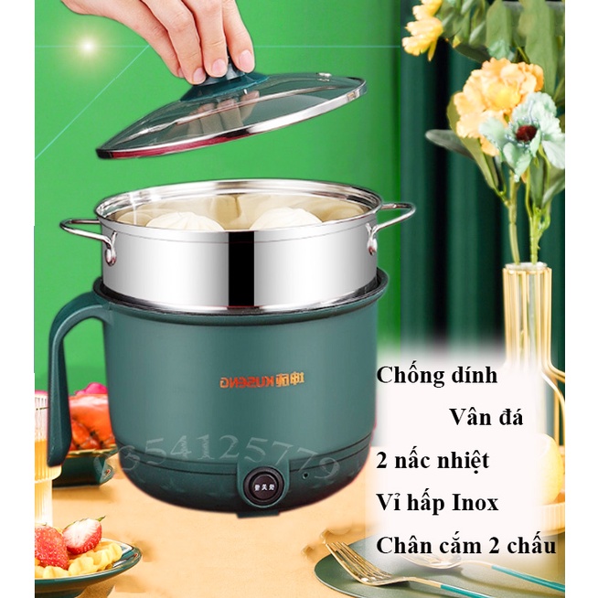 Nồi Lẩu Mini, hấp 2 tầng, ca nấu mì, đa năng, Nấu Cơm, chiên, hấp_Gọn nhẹ, 2 nấc nhiệt, tiện dụng (vỉ Inox)