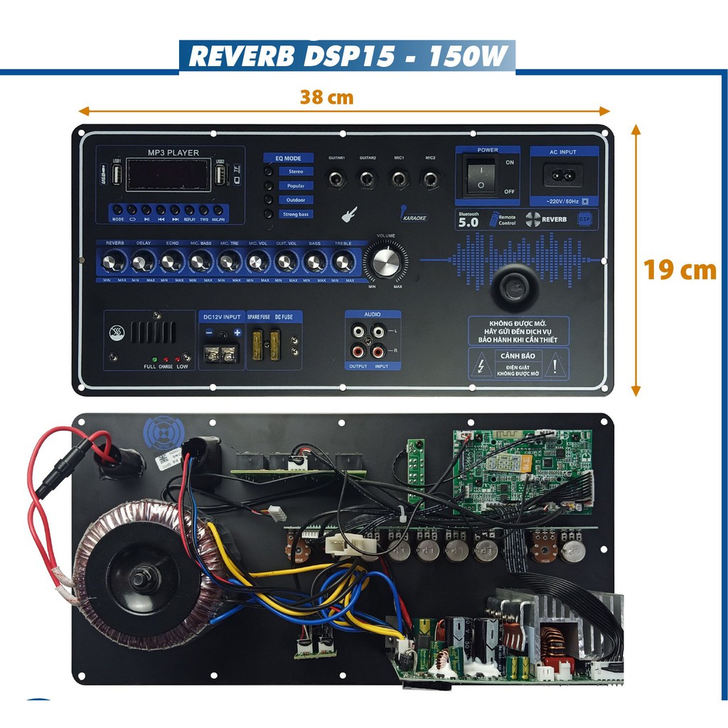Bo Mạch Loa Kéo Nguồn Xuyến đánh Bass 4 tấc đôi, 5 Tấc đơn có Reverb DSP 15, kích thước 14.5 * 35