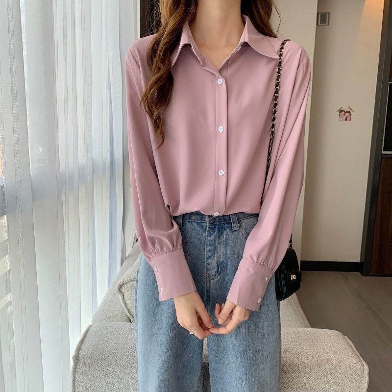 Áo Sơ Mi Chiffon Cổ POLO Dáng Rộng Màu Sắc Trơn Phong Cách Hàn Quốc Thời Trang Mùa Xuân Cho Nữ
