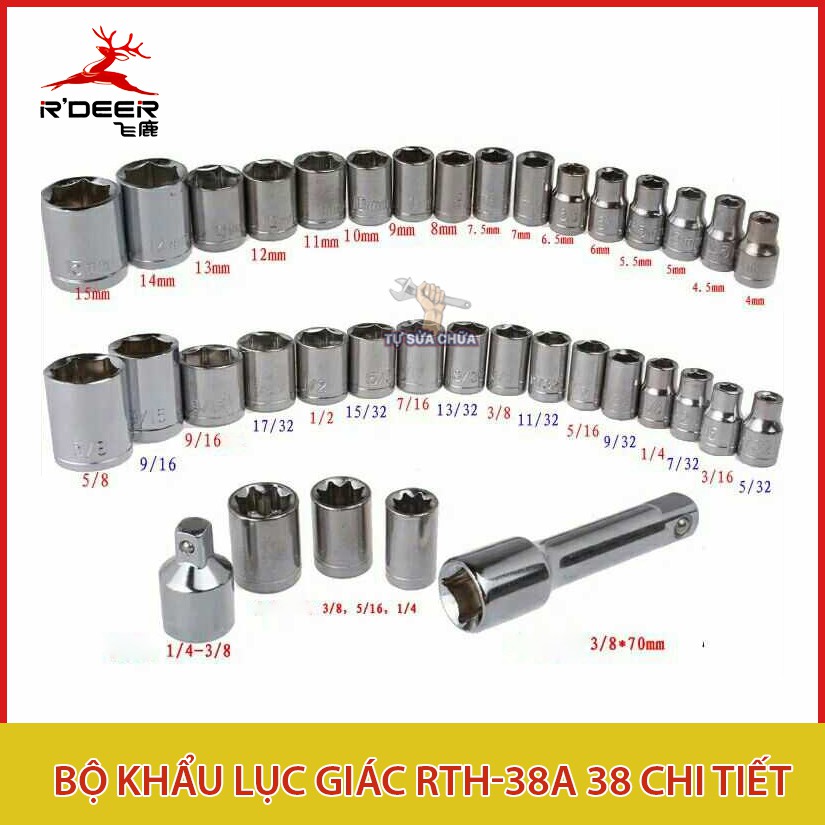 Bộ khẩu 38 chi tiết Nhập Khẩu bằng thép Chrome vanadium 1/4 3/8 RDEER RTH-38A (Cần tự động) Kèm hộp đựng, Bộ tuýp 38