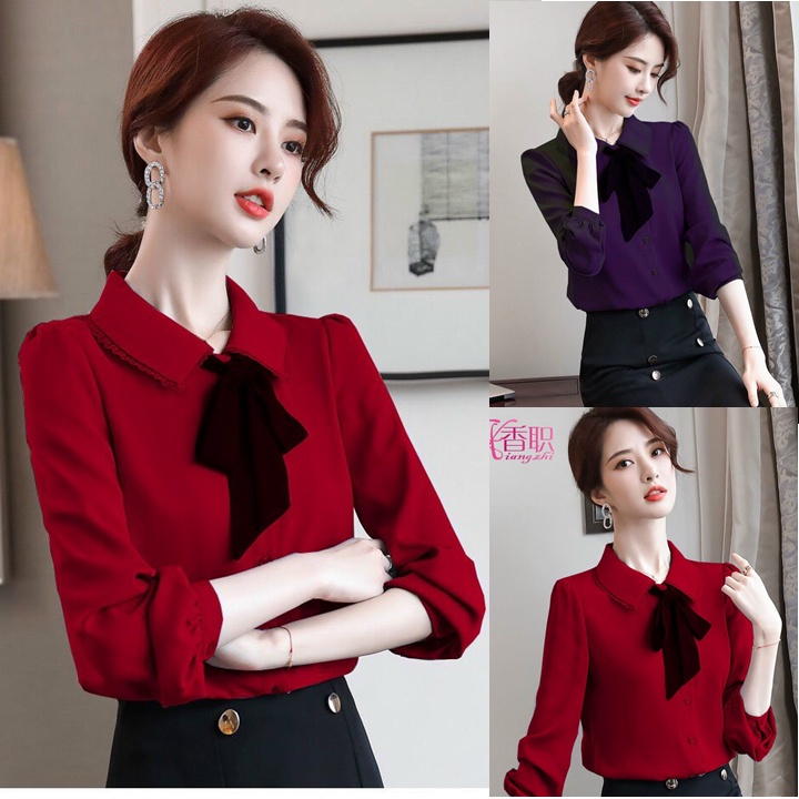 Áo sơ mi cổ nơ rời tay dài màu tím và đỏ