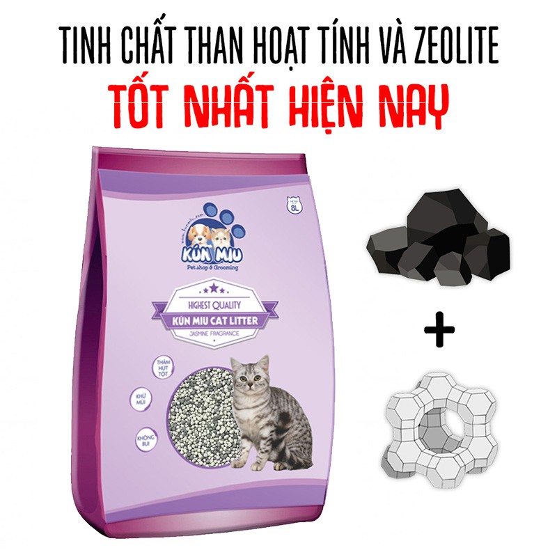 Cát vệ sinh cho mèo Kún Miu hương hoa nhài 8L Tinh chất bentonite, than hoạt tính và zeolite cao cấp(giao hàng nhanh)