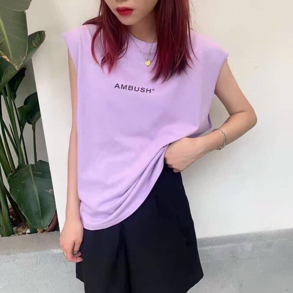 Áo thun nữ ba lỗ sát nách in chữ AMBUSH siêu hot chất liệu tici loại 1 dày mịn freesize dưới 60kg AT35-40