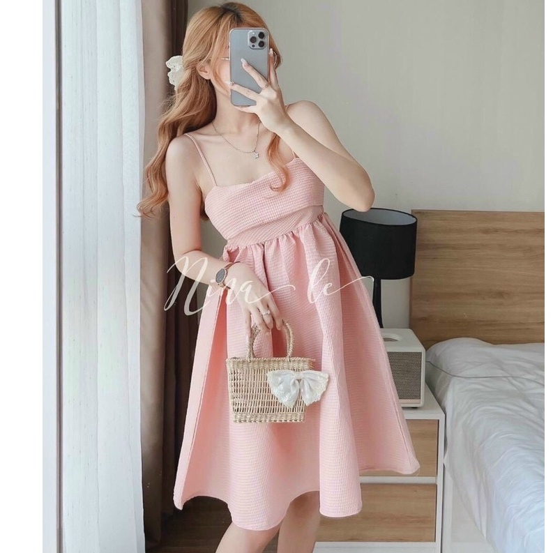 Đầm nữ xòe kiểu đầm hai dây xinh cột nơ lưng màu đầm trắng, đen, xanh, hồng, nude thời trang nữ ARAVA