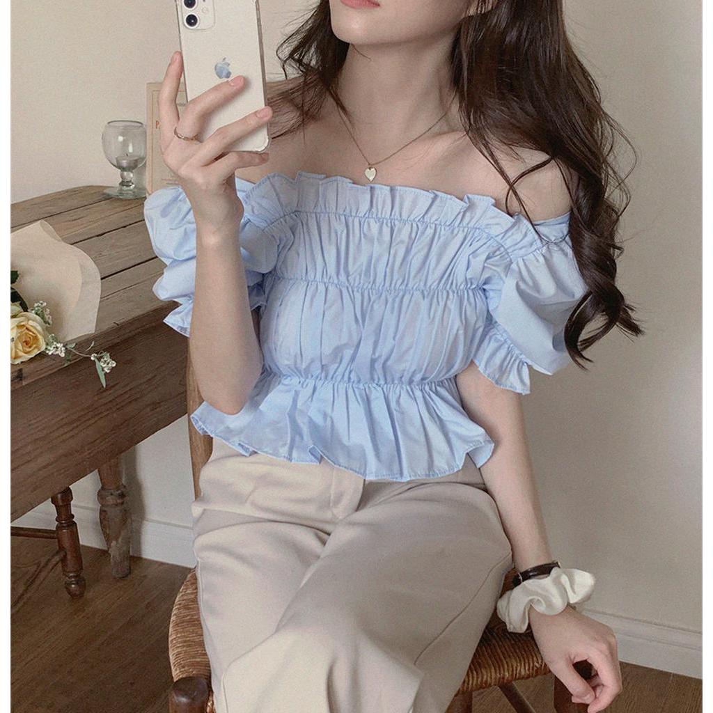 Áo Kiểu Trễ Vai Cổ Vuông Xếp Ly Tay Ngắn 51080