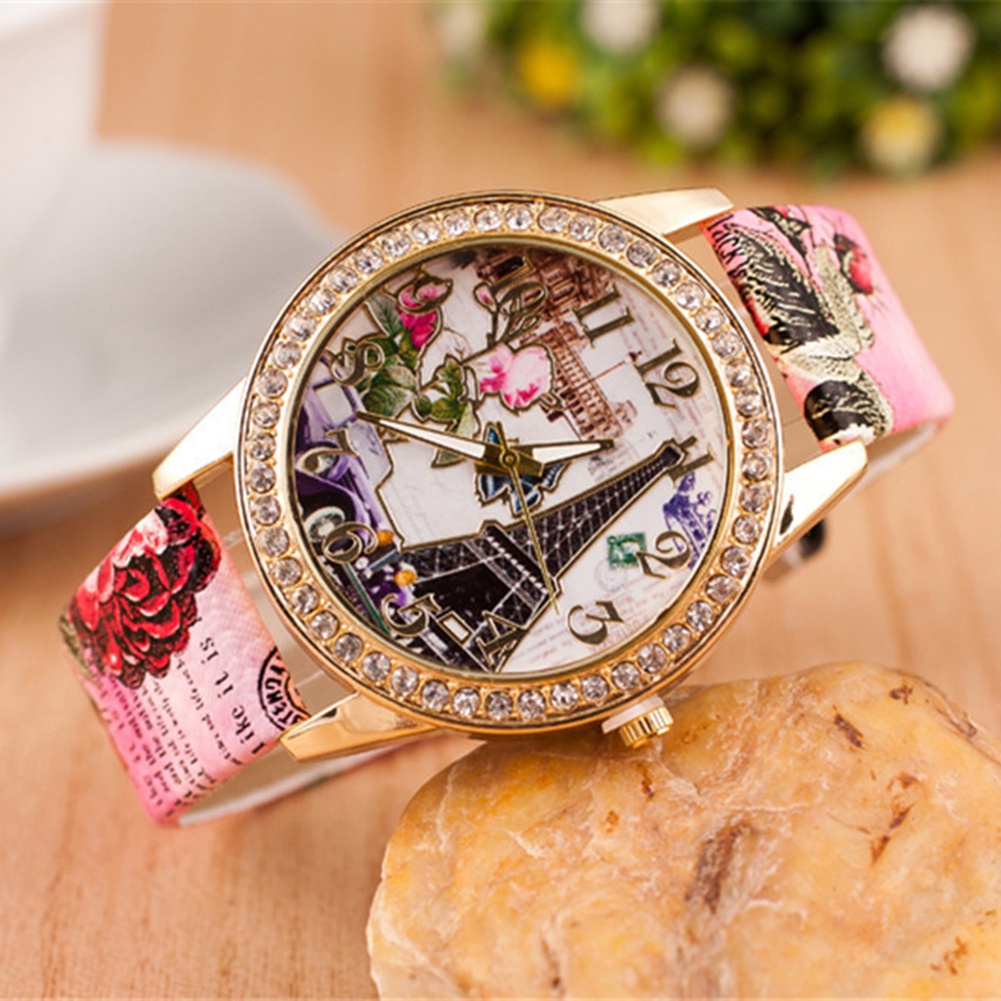 Đồng Hồ Nữ Mặt Tròn Đính Đá Hình Hoa Với Dây Đeo Giả Da