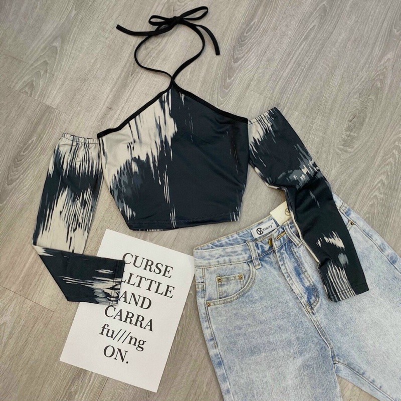 Áo ulzzang croptop cổ yếm loang màu thun co giãn tay dài