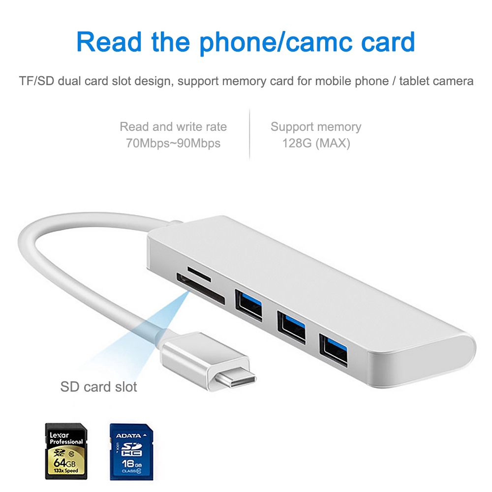 Bộ chuyển đổi 5 trong 1 USB C sang 3.0 Type C và đọc thẻ TF/SD cho MacBook Pro Air đa năng | BigBuy360 - bigbuy360.vn