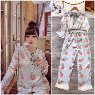 Bộ pijama dài tay cổ nơ lụa satin
