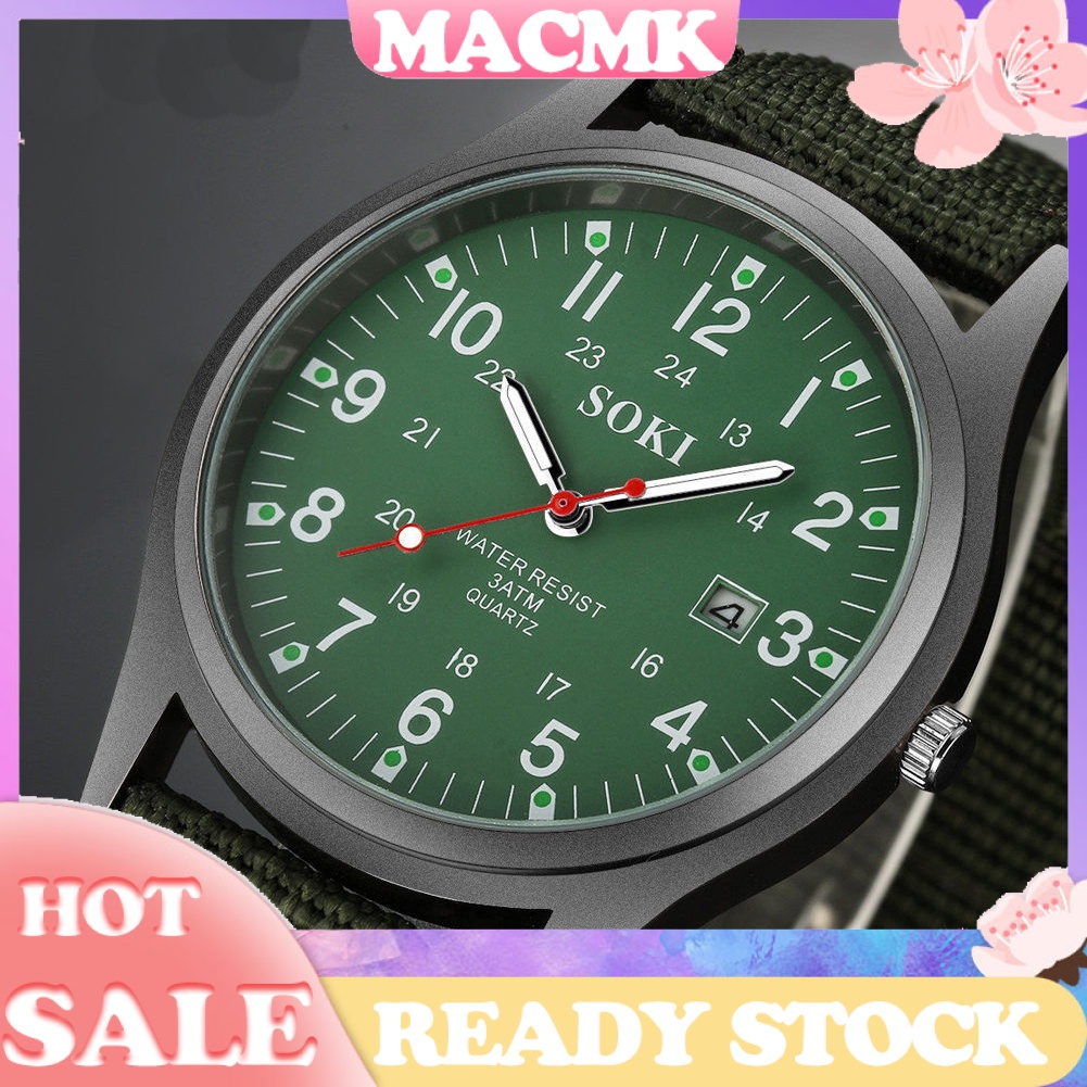 MACmk Men Weave Nylon Band Arabic Numerals Dial Calendar Analog Quartz Wrist Watch