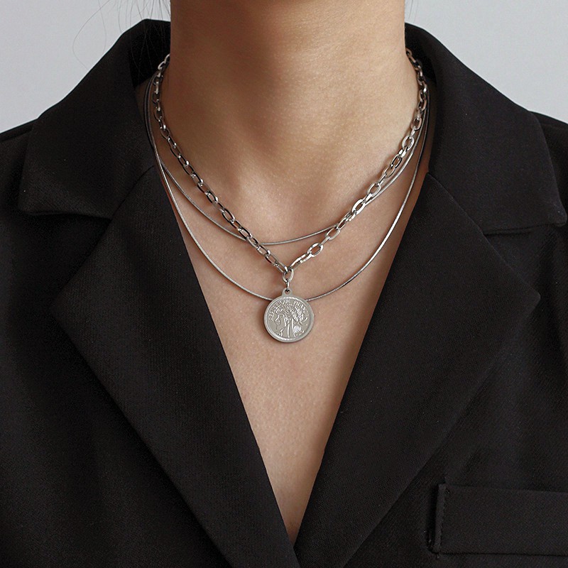 Dây Chuyền Teapear Unisex 3 Sợi Mặt Đồng Xu Lớn Inox ko gỉ