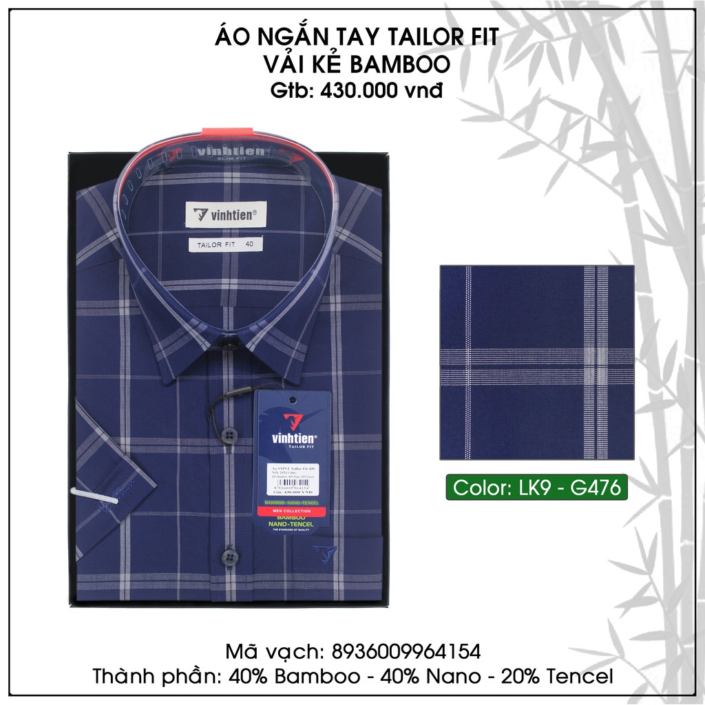 Áo Sơ Mi Nam Tay Ngắn Sọc Caro Bamboo Vĩnh Tiến Form Tailor Fit Vạt Ngang 430 - G476
