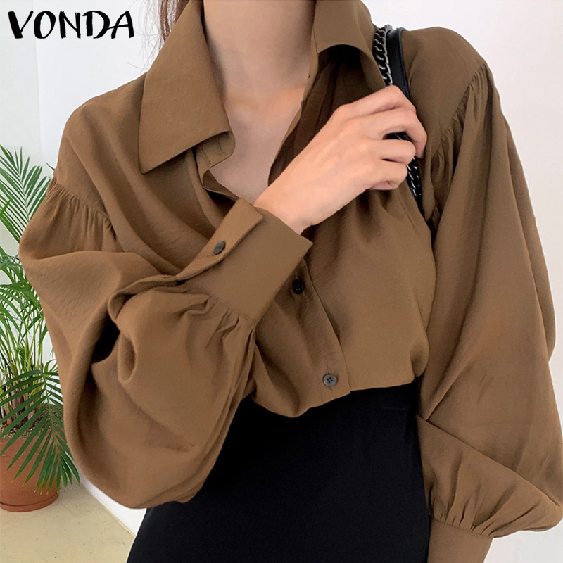 Áo sơ mi kiểu VONDA tay dài phồng xếp nếp cổ bẻ có nút cài màu trơn thời trang Hàn Quốc thường ngày cho nữ