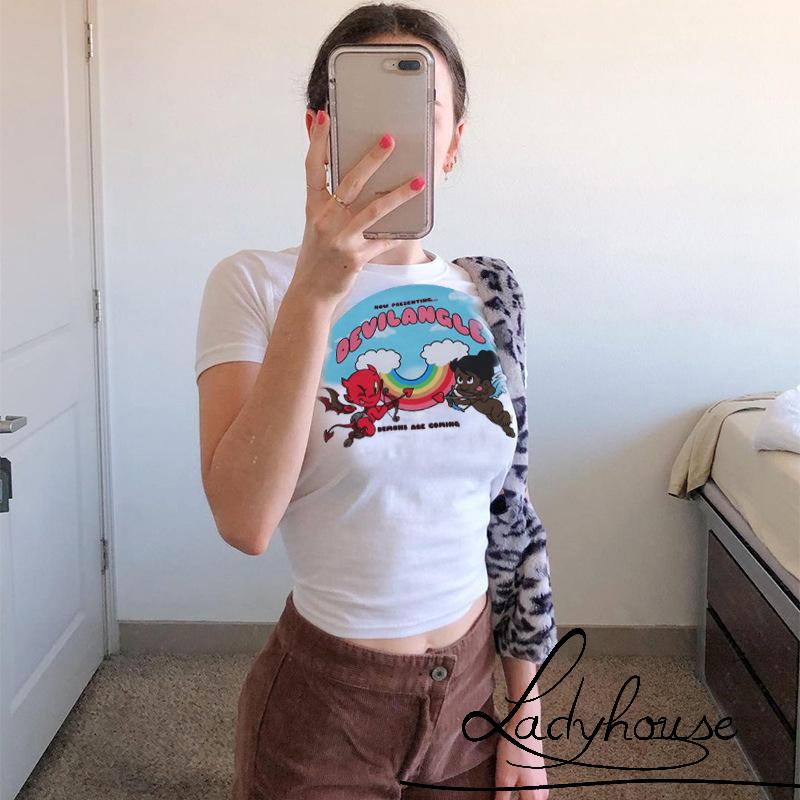 Áo Thun Tay Ngắn Cổ Tròn In Hình Thiên Thần Ác Quỷ Thời Trang Dành Cho Nữ