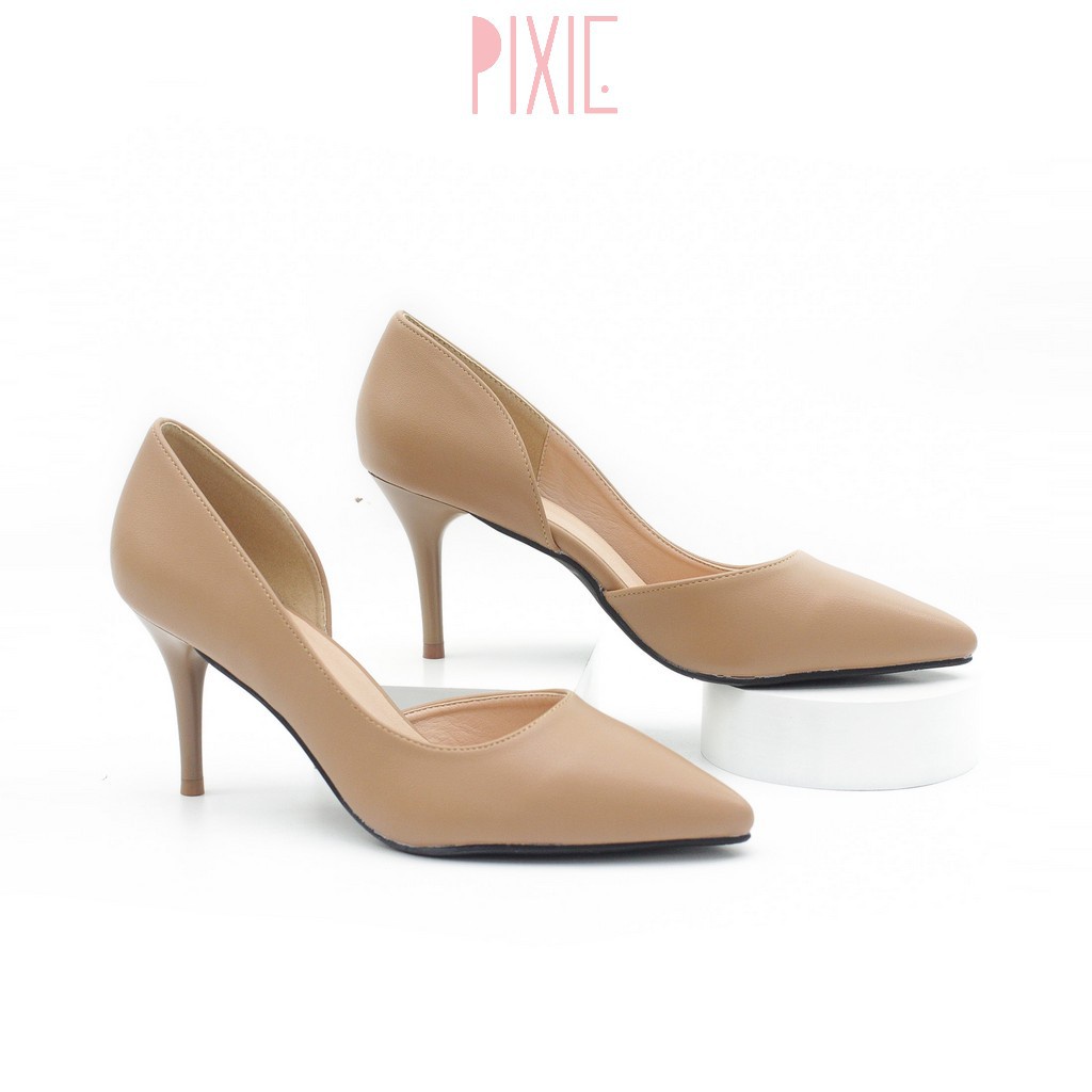 SẴN Giày Cao Gót 7cm Khoét Eo Mũi Nhọn Màu Đen Pixie P113 /