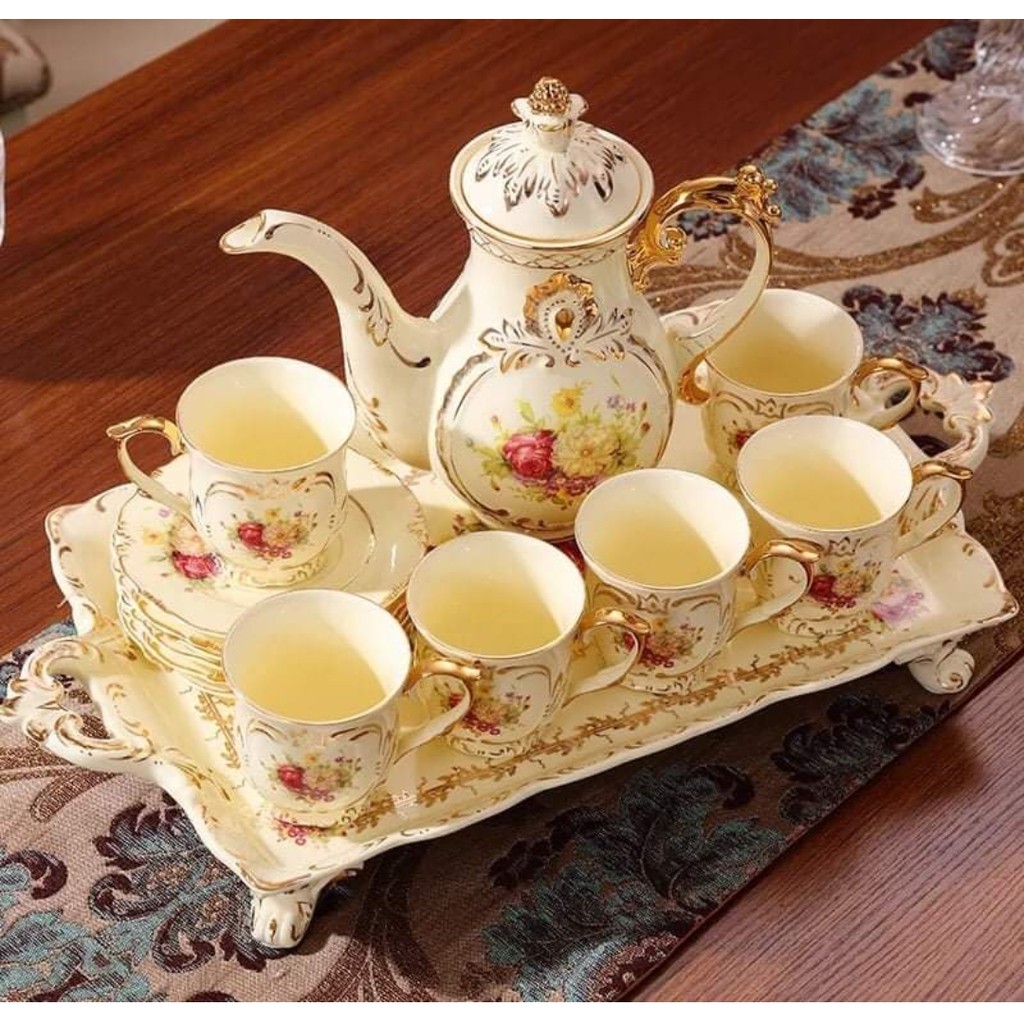 BỘ ẤM CHÉN HOA MẪU ĐƠN PHONG CÁCH HOÀNG GIA KÈM KHAY VIỀN VÀNG CAO CẤP