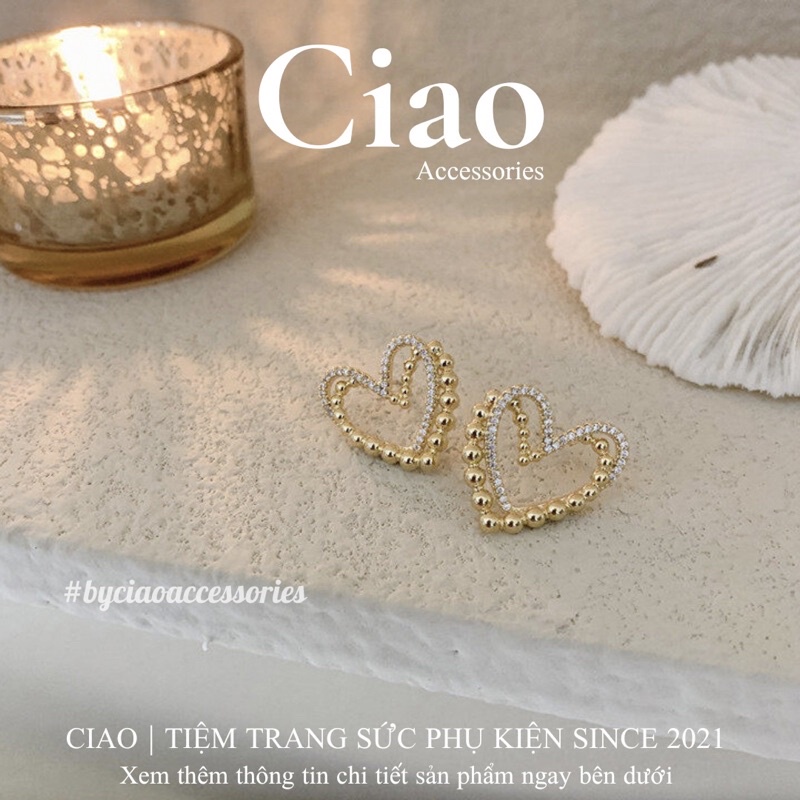 [HOẢ TỐC 1H] Khuyên tai/ Bông tai mạ bạc S925 thiết kế tim đôi đính đá Michelmi Ciao