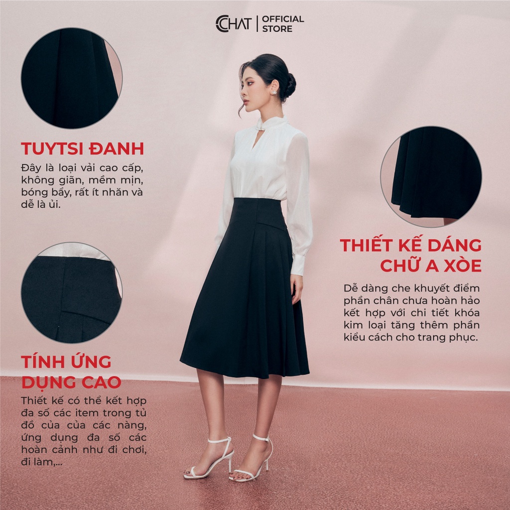 Chân Váy 𝐂𝐂𝐇𝐀𝐓 Khóa Trước Xếp Ly Dáng Xòe Chất Tuytsi Cao Cấp 22CDS2005XT