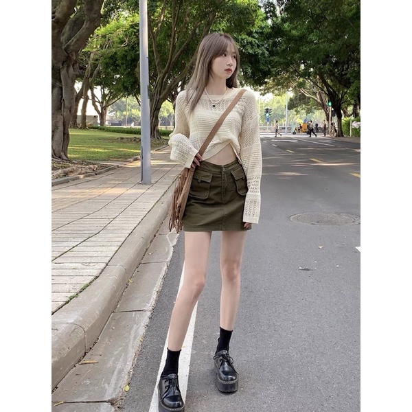 Chân váy túi hộp kaki cạp cao form rộng đẹp phong cách 𝘜𝘭l𝘻𝘻𝘢𝘯𝘨 Hàn quốc