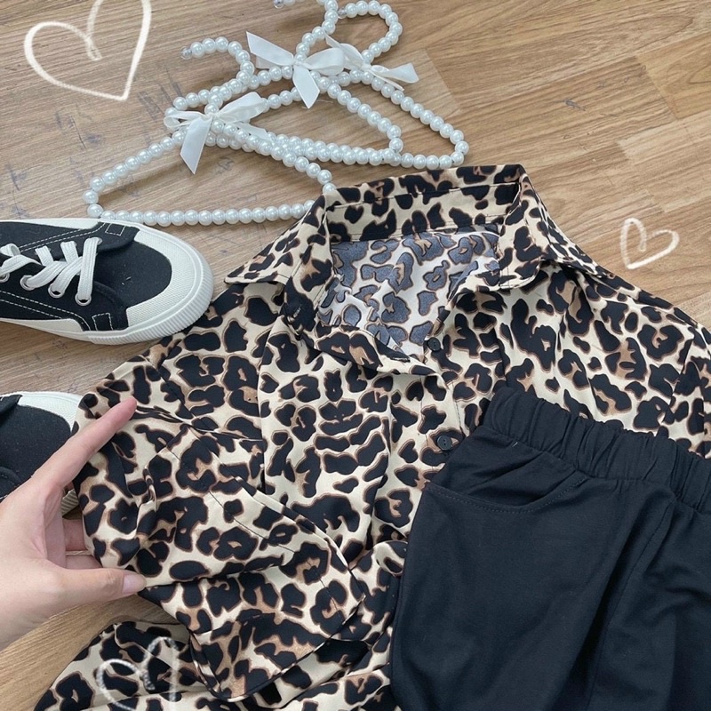 Set sơ mi beo + quần bike lưng thun