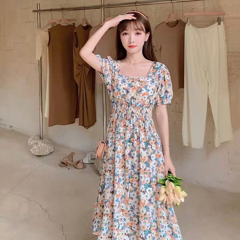 Đầm lửng IELGY tay ngắn cổ vuông dáng ôm size lớn họa tiết hoa