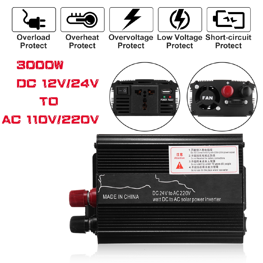 Dc 12v / 24 sang ac 110v / 220v 12v sine wave solar inverter peaks power voltage transformer converter 3000w