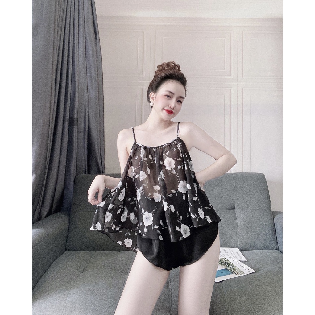 Đồ Mặc Nhà Nữ , Đồ Bộ Nữ Áo 2 Dây Quần Cọc Chất Liệu Voan Hoa Phối Lụa Cao Cấp Sexy, Gợi Cảm. | BigBuy360 - bigbuy360.vn