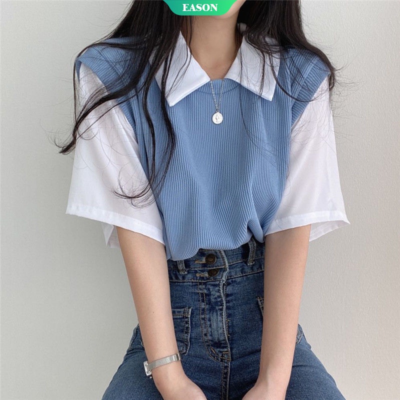 Áo Thun Tay Ngắn Cổ Polo Giả Hai Lớp In Hình Anime Dễ Phối Đồ Dành Cho Nữ