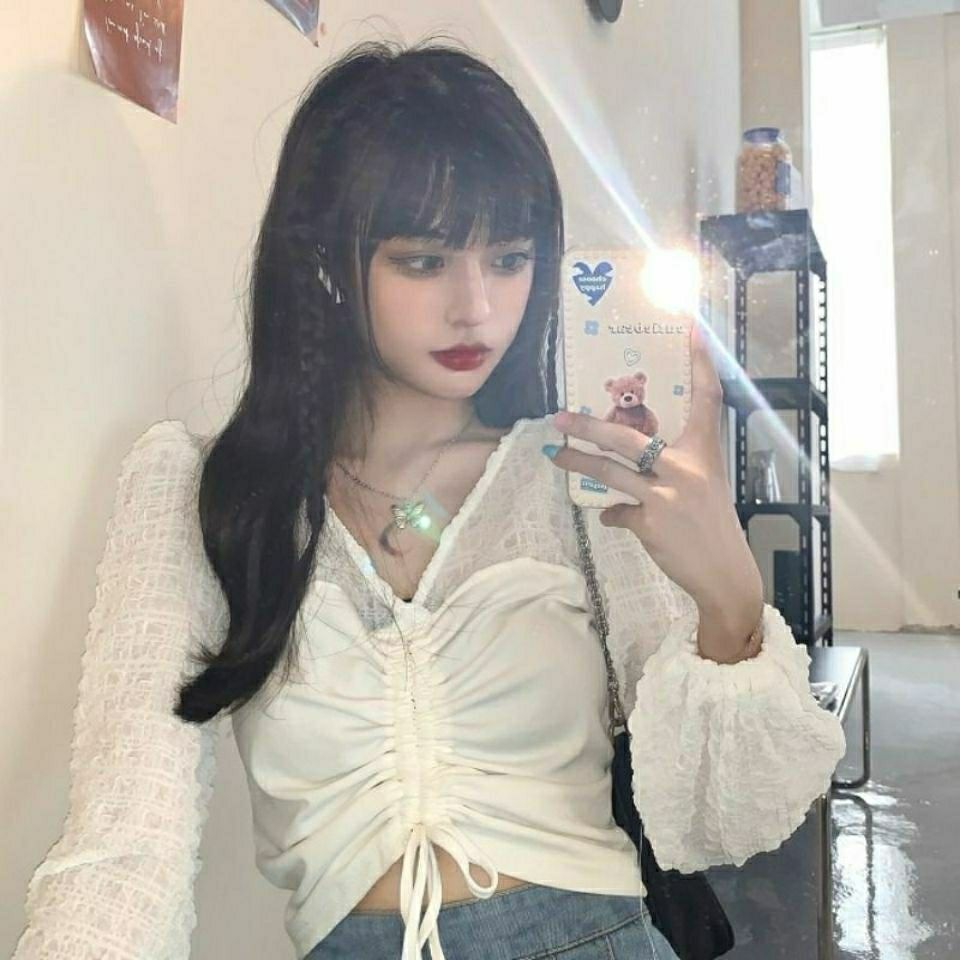 Korean style top, contrast color fashion Korean style drawstring, slim long-sleeved shirt