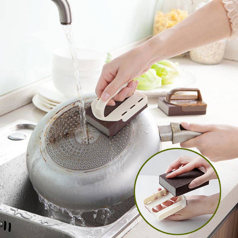 Miếng Bọt Biển Rửa Chén Bằng Thép Không Gỉ Màu Đen Có Tay Cầm Tiện Lợi Dành Cho Nhà Bếp