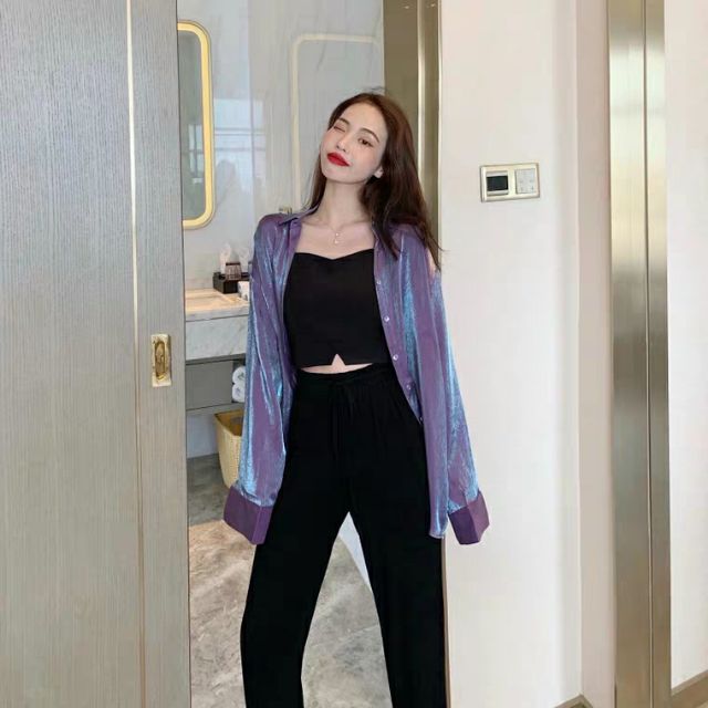 𝗛𝗢𝗧⚡ Áo sơ mi nữ freesize phi bóng phản quang tím ánh xanh hot trend ulzzang (Ms A73)