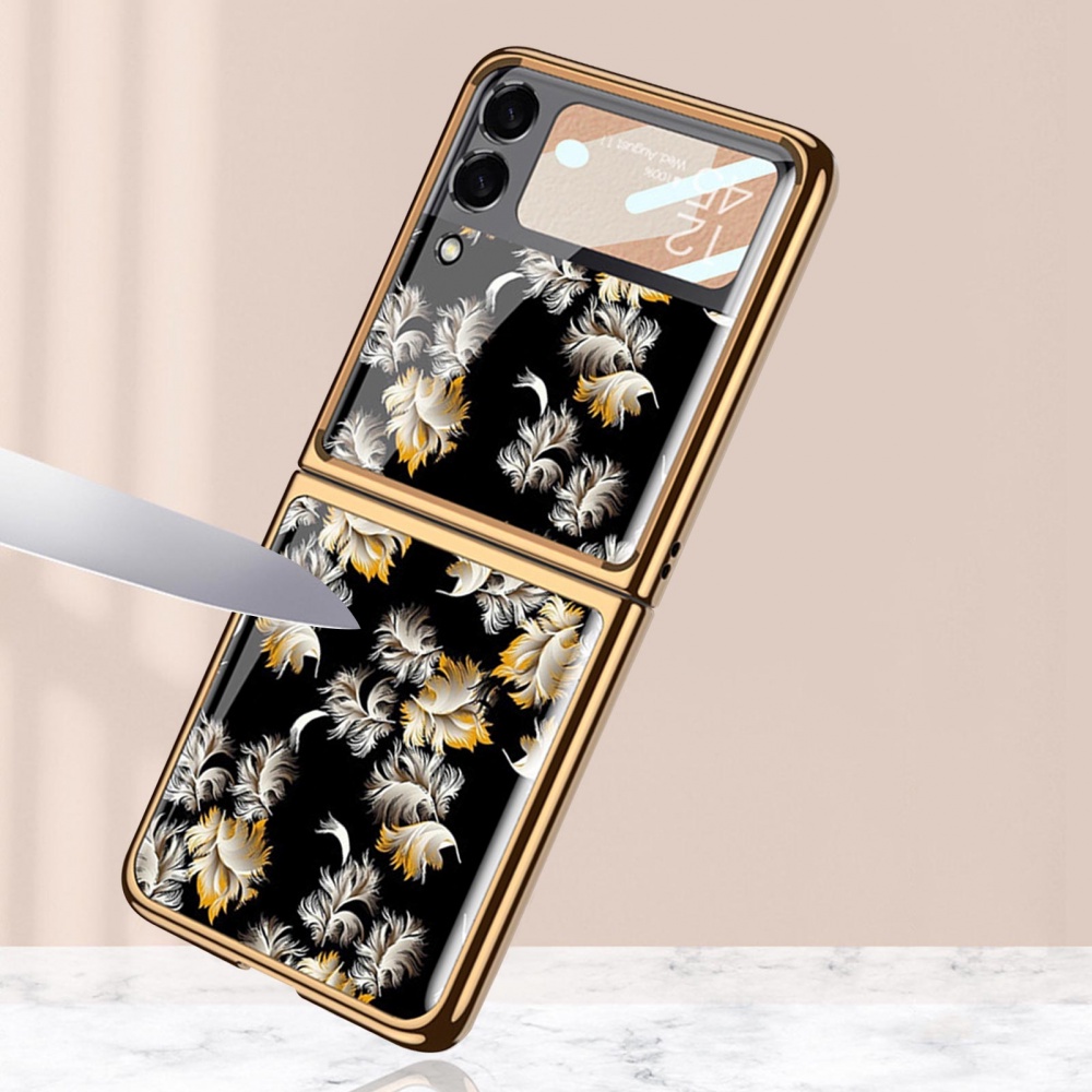 Ốp điện thoại mặt kính cứng chống sốc in hoa cho Samsung Galaxy Z Flip 3