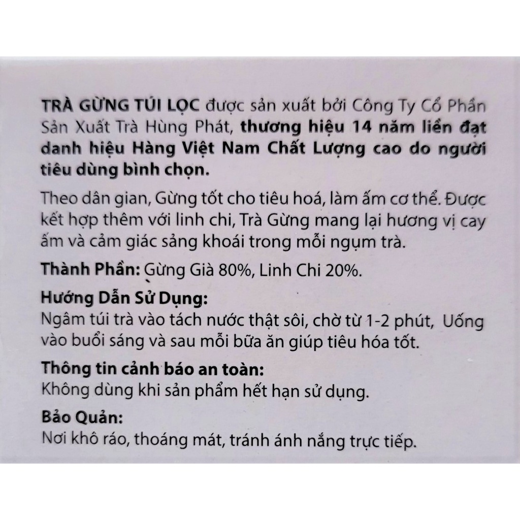 [Hộp 50g (25 túi lọc)] TRÀ GỪNG [VN] HÙNG PHÁT Ginger Tea
