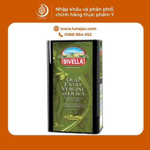 Dầu Ô Liu Nguyên Chất Extra Virgin Olive Oil DIVELLA can 3L [Dầu Oliu Chính Hãng]