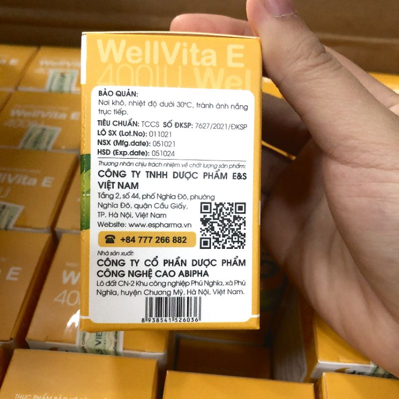 Viên Uống Wellvita E 400IU E&S vietnam - Bổ Sung Vitamin E Làm Đẹp Da, Giảm Nám Tàn Nhang, Chống Lão Hóa - Lọ 30 viên
